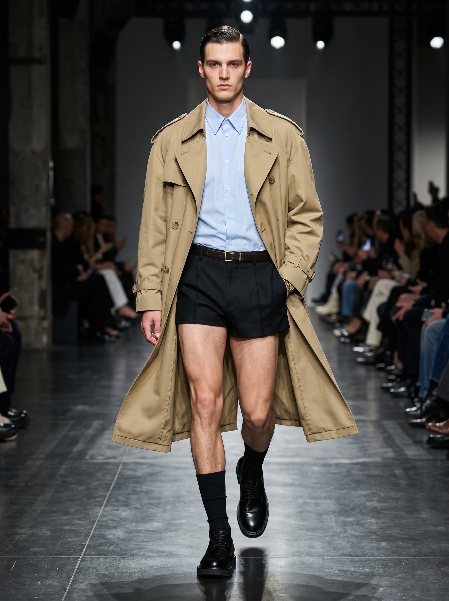 Menswear fashion editorial visual forecast of Micro Shorts and the Emancipated Male Silhouette.