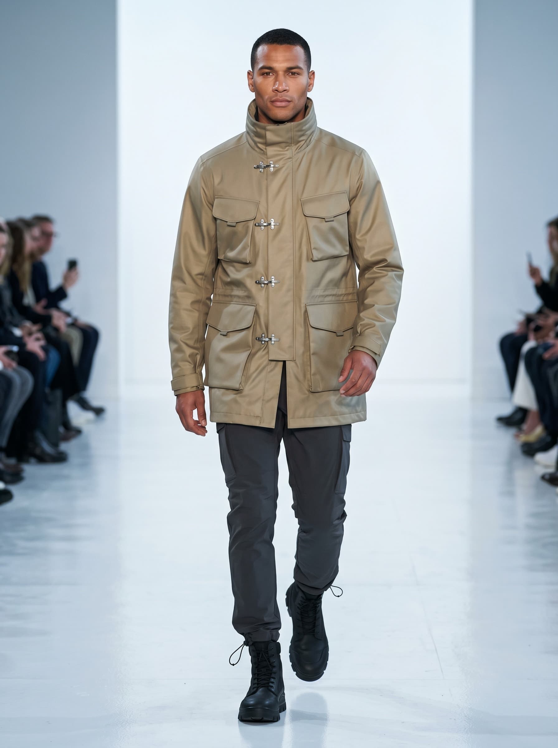 Menswear fashion editorial visual forecast of Modern Utility and "The Weatherman" Outerwear.