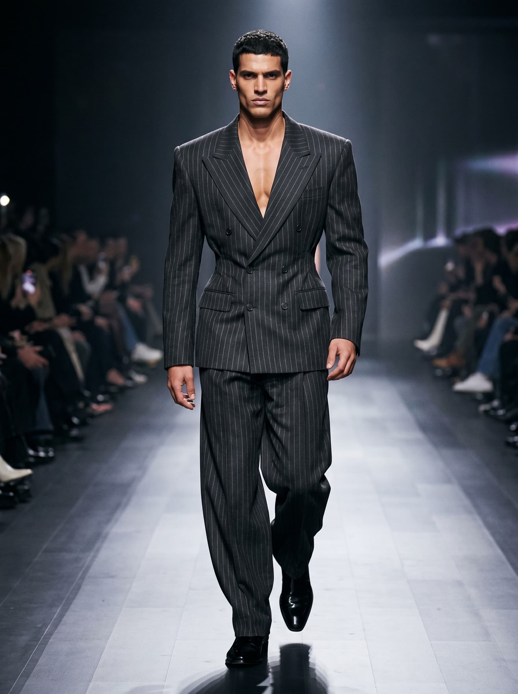 Menswear fashion editorial visual forecast of "Nip-Tuck" Construction and Bold Throwback Tailoring.