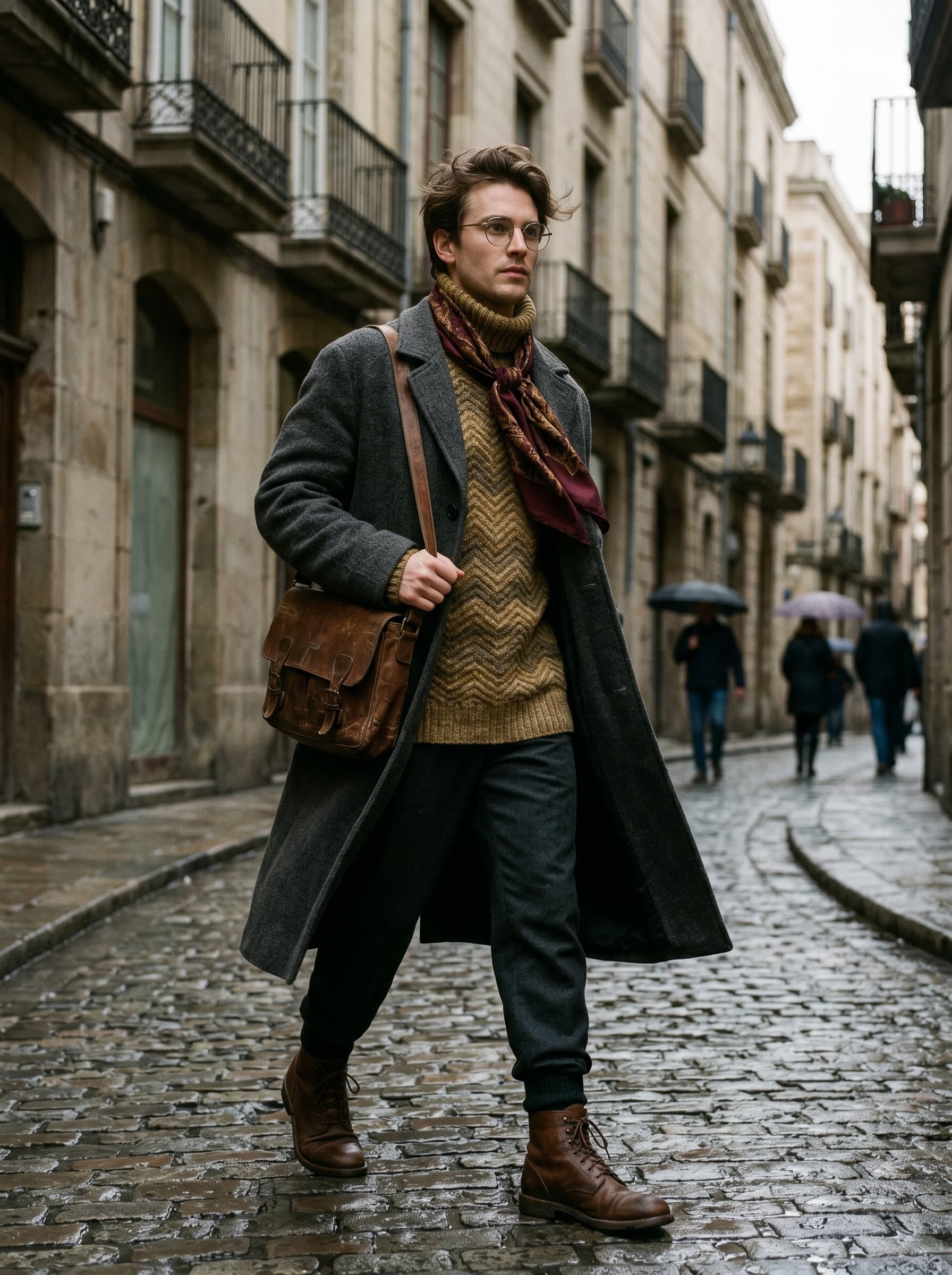2026 menswear visual forecast showing Poet Core layered knitwear and academic styling.