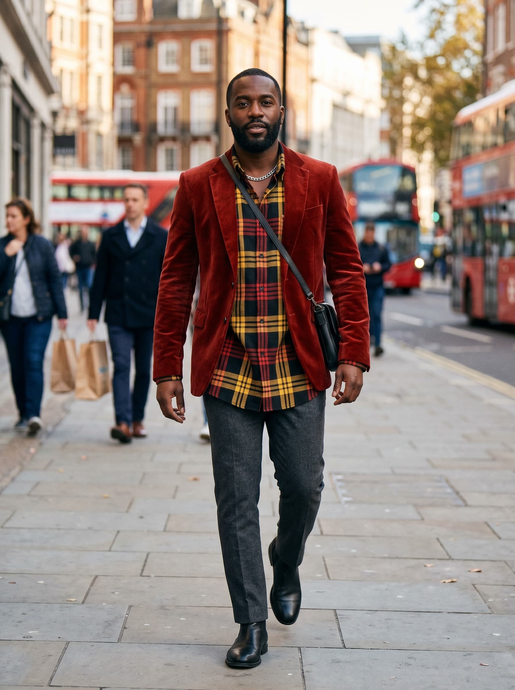 2026 menswear visual forecast showing spiced red velvet and tartan.