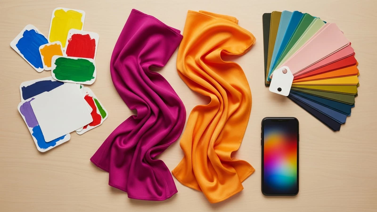 Overhead still life of abstract color studies, magenta and orange drapes, fabric swatches, and a smartphone.