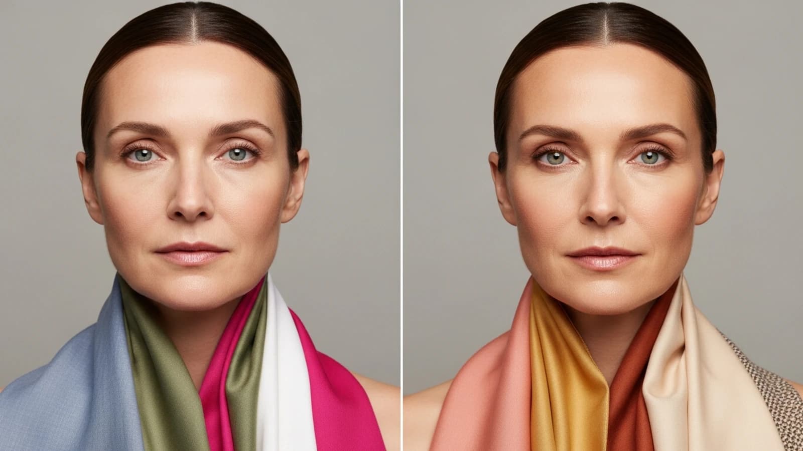 Side-by-side studio draping comparison showing mismatched and harmonious fabric colors near the same face.