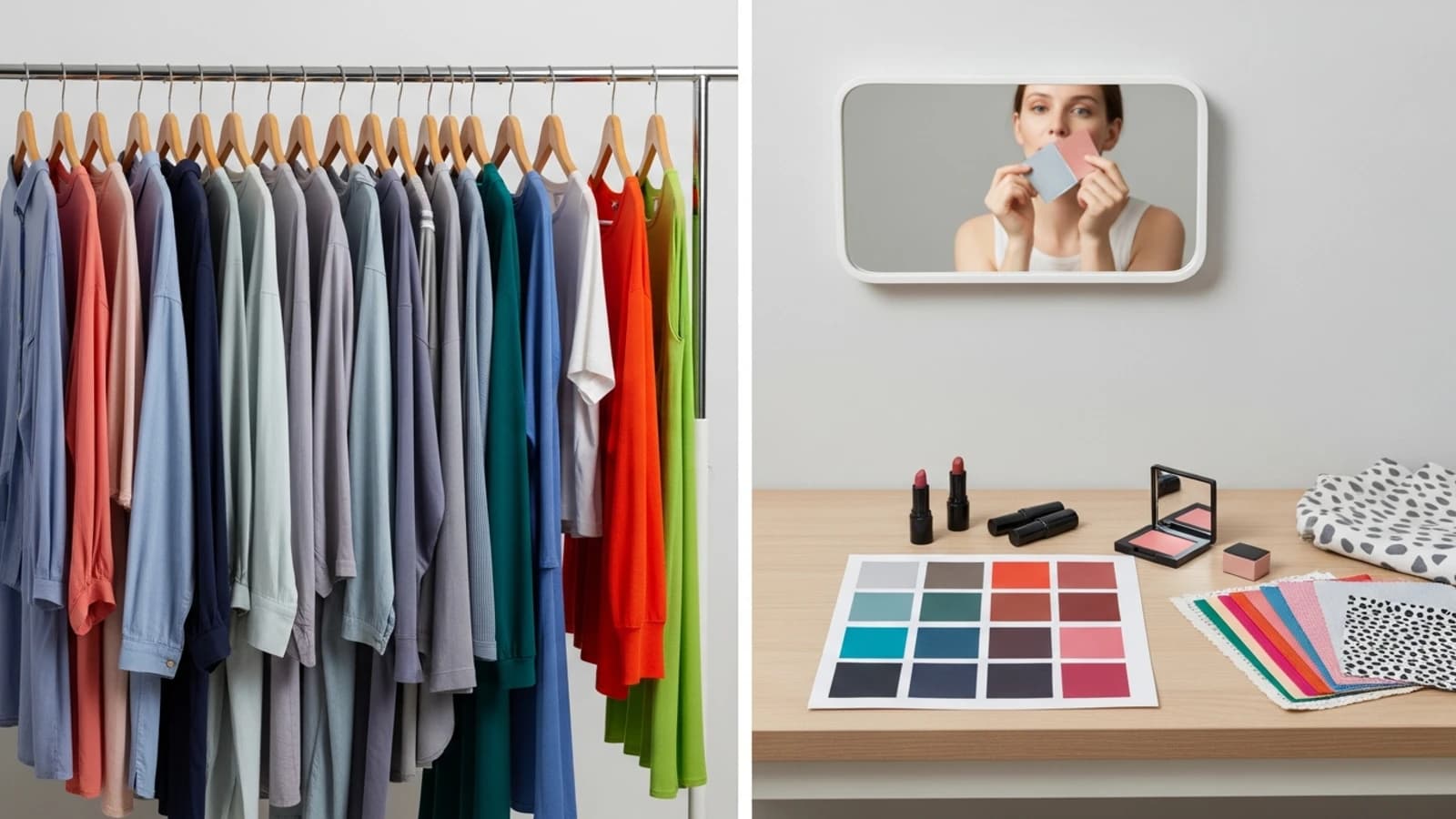 Wardrobe rail, makeup, mirror, and color swatches arranged to show palette-based outfit planning.