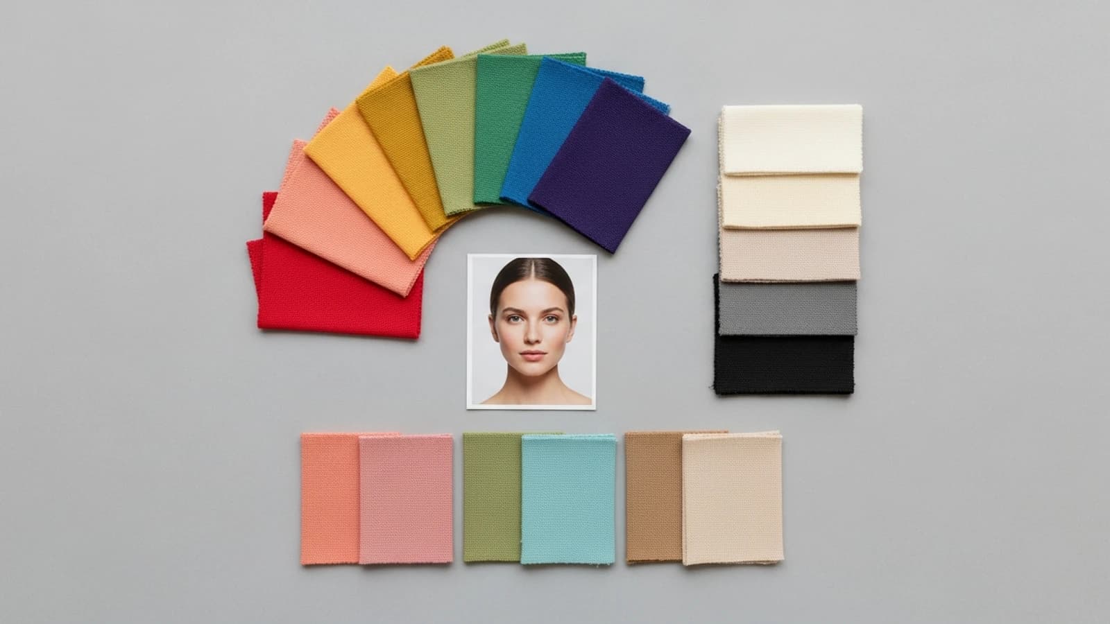 Fabric swatches arranged around a portrait to show hue temperature, lightness depth, and color intensity relationships.