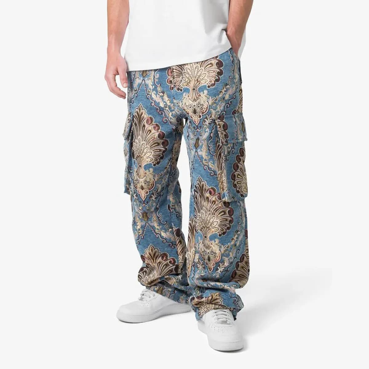 Male model wearing roomy patterned wide-leg jeans.
