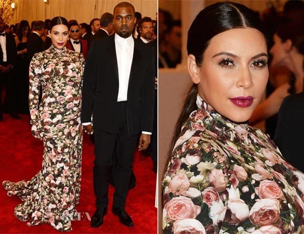Kim Kardashian wearing a floral Givenchy maternity gown at the 2013 Met Gala.