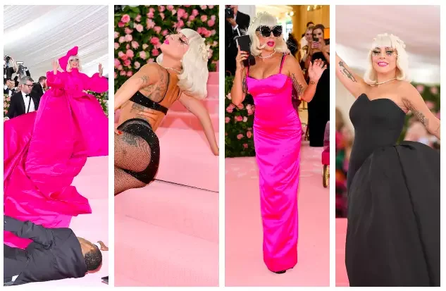 Lady Gaga performing a Brandon Maxwell outfit reveal at the 2019 Met Gala.