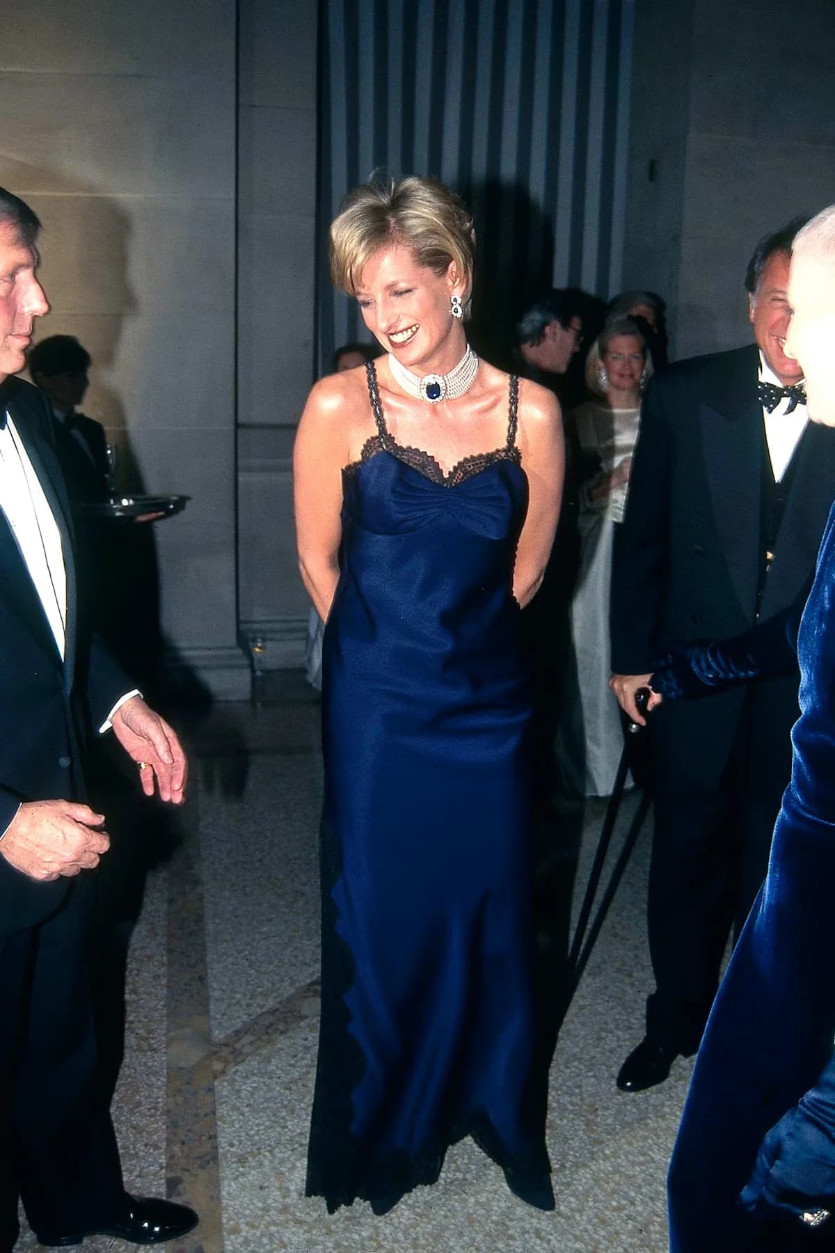 Princess Diana in a midnight-blue Dior slip dress at the 1996 Met Gala.