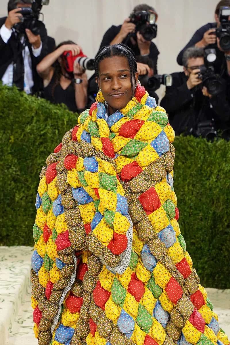 A$AP Rocky wearing an ERL patchwork quilt over a tuxedo at the 2021 Met Gala.