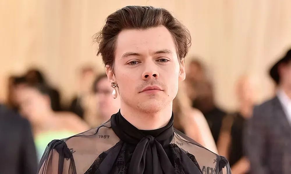 Harry Styles wearing a sheer black Gucci blouse and pearl earring at the 2019 Met Gala.