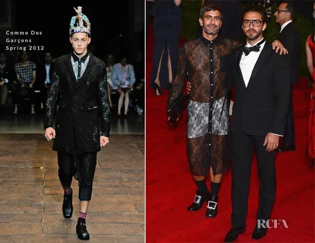 Marc Jacobs wearing a sheer black Comme des Garcons lace dress at the 2012 Met Gala.
