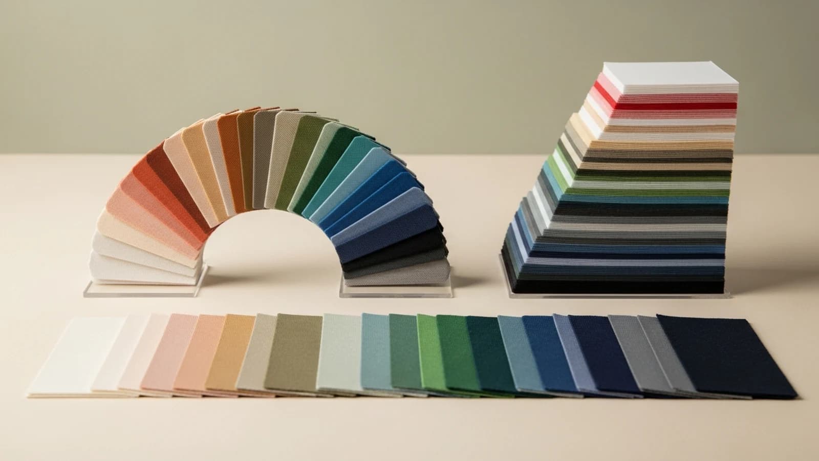 Fabric swatches arranged as warm-to-cool, light-to-dark, and muted-to-clear color gradients.