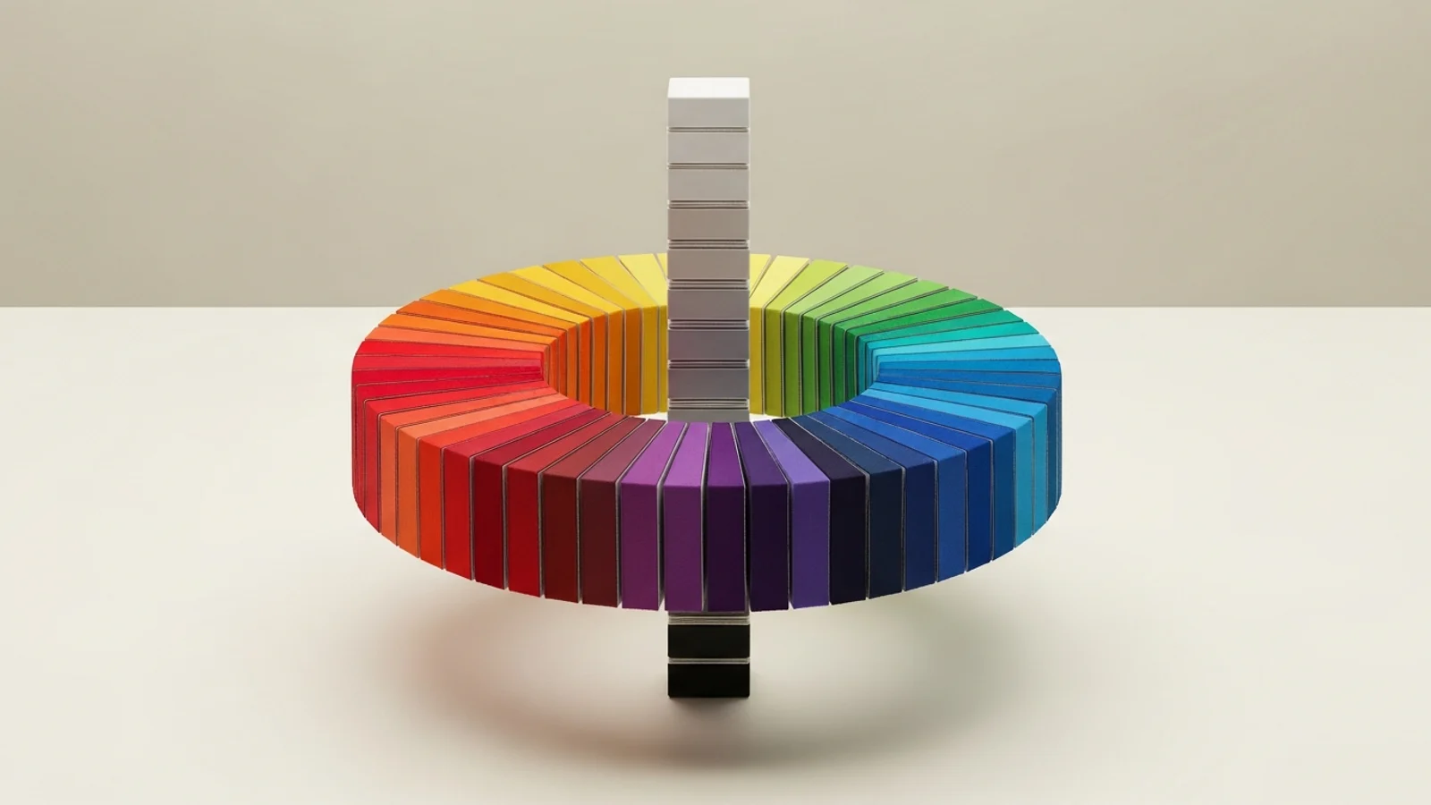 Physical color model with a hue ring and stacked light-to-dark neutral value axis.