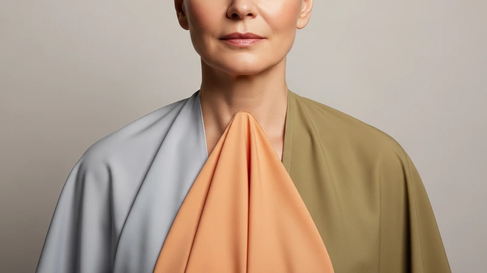 Neutral studio draping setup with cool, warm, and olive fabric panels reflecting onto a model's skin.