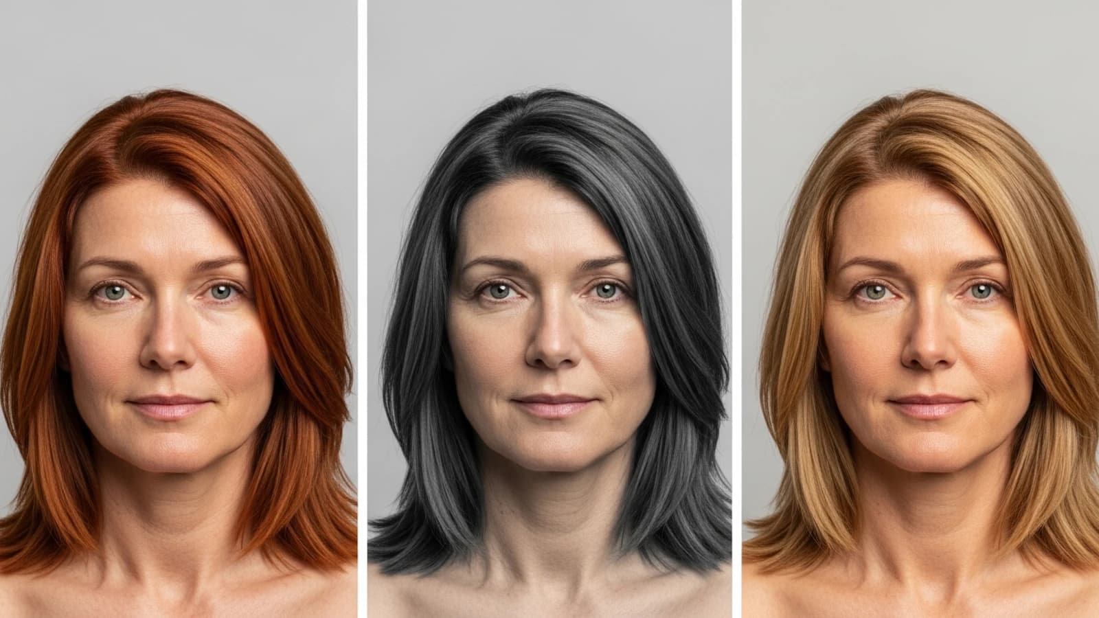 Three studio portrait panels showing how different hair color frames shift the appearance of the same face.