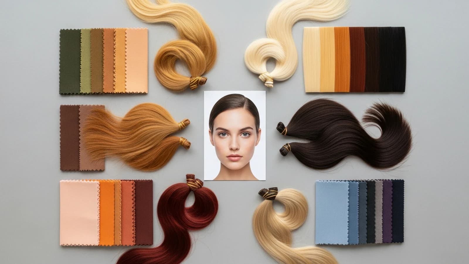 Hair extension swatches and fabric palette pieces arranged around a portrait for color selection.