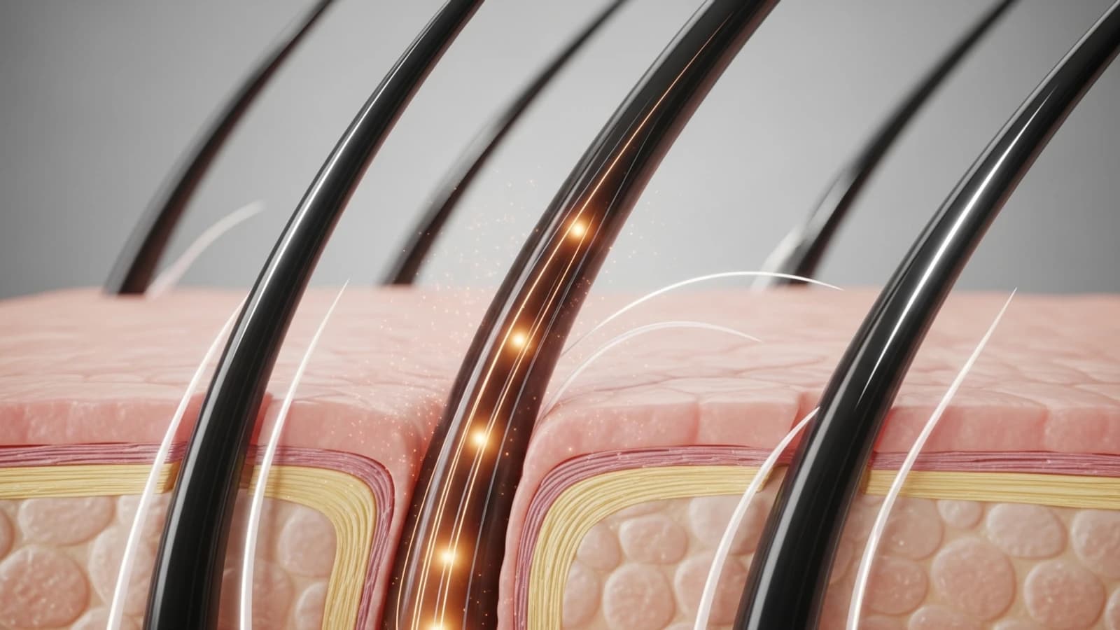 Macro visual of glossy hair fibers and layered skin with light reflecting and scattering through both surfaces.