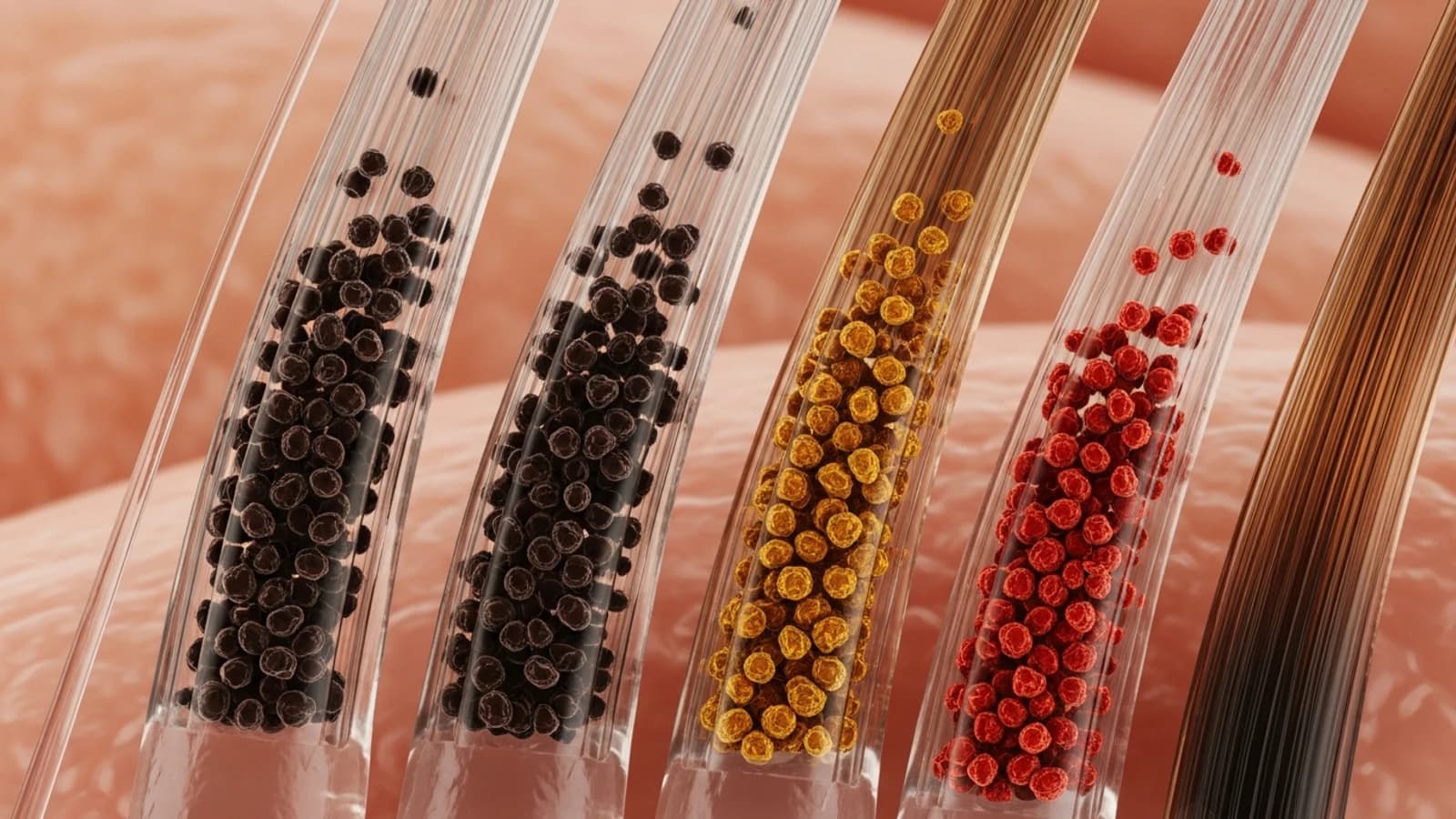 Macro hair fibers with dark and red-gold pigment granules suspended inside translucent strands.