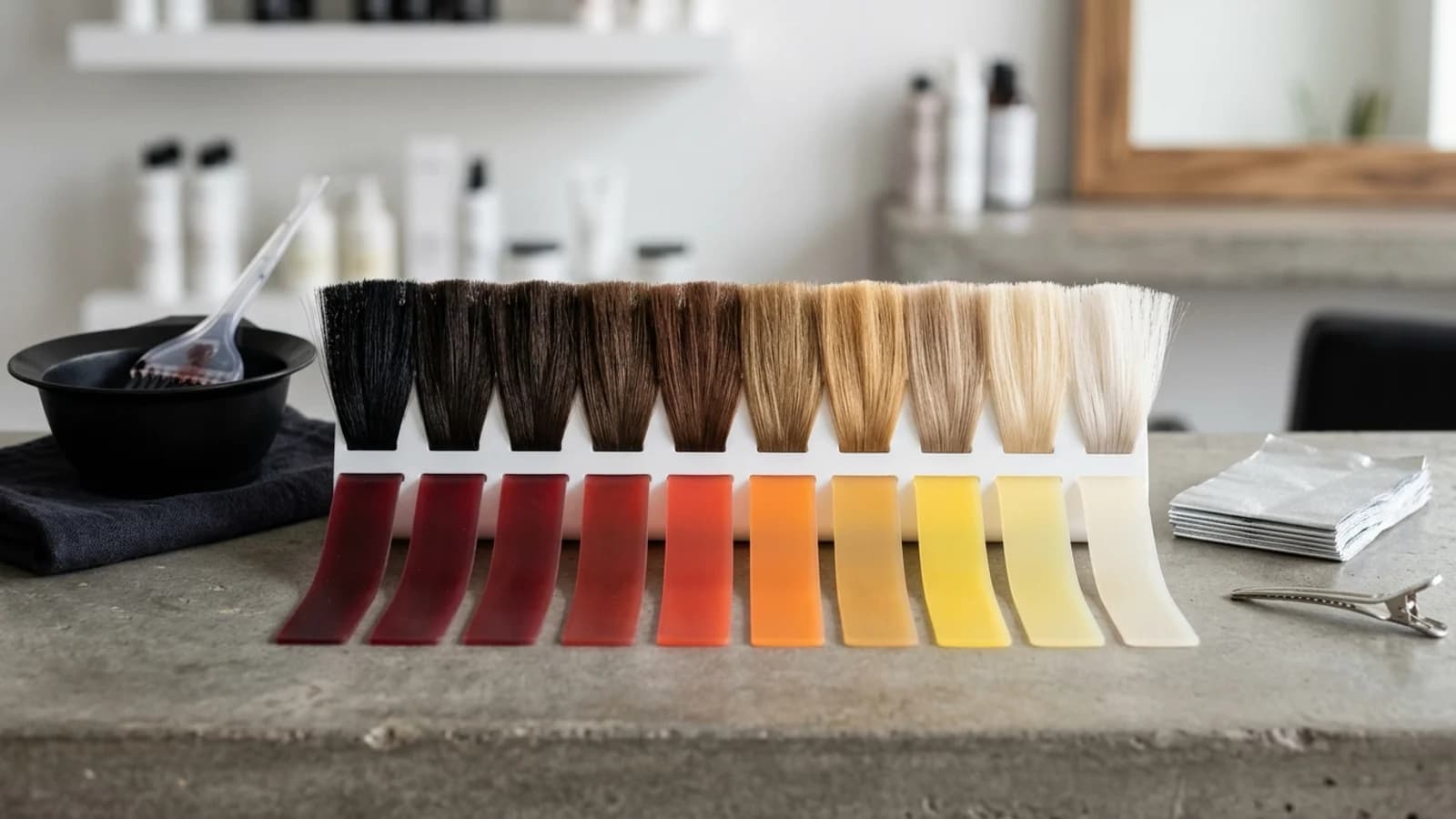 Illustrated salon hair color level swatches from black to platinum with warm exposed pigment ribbons.