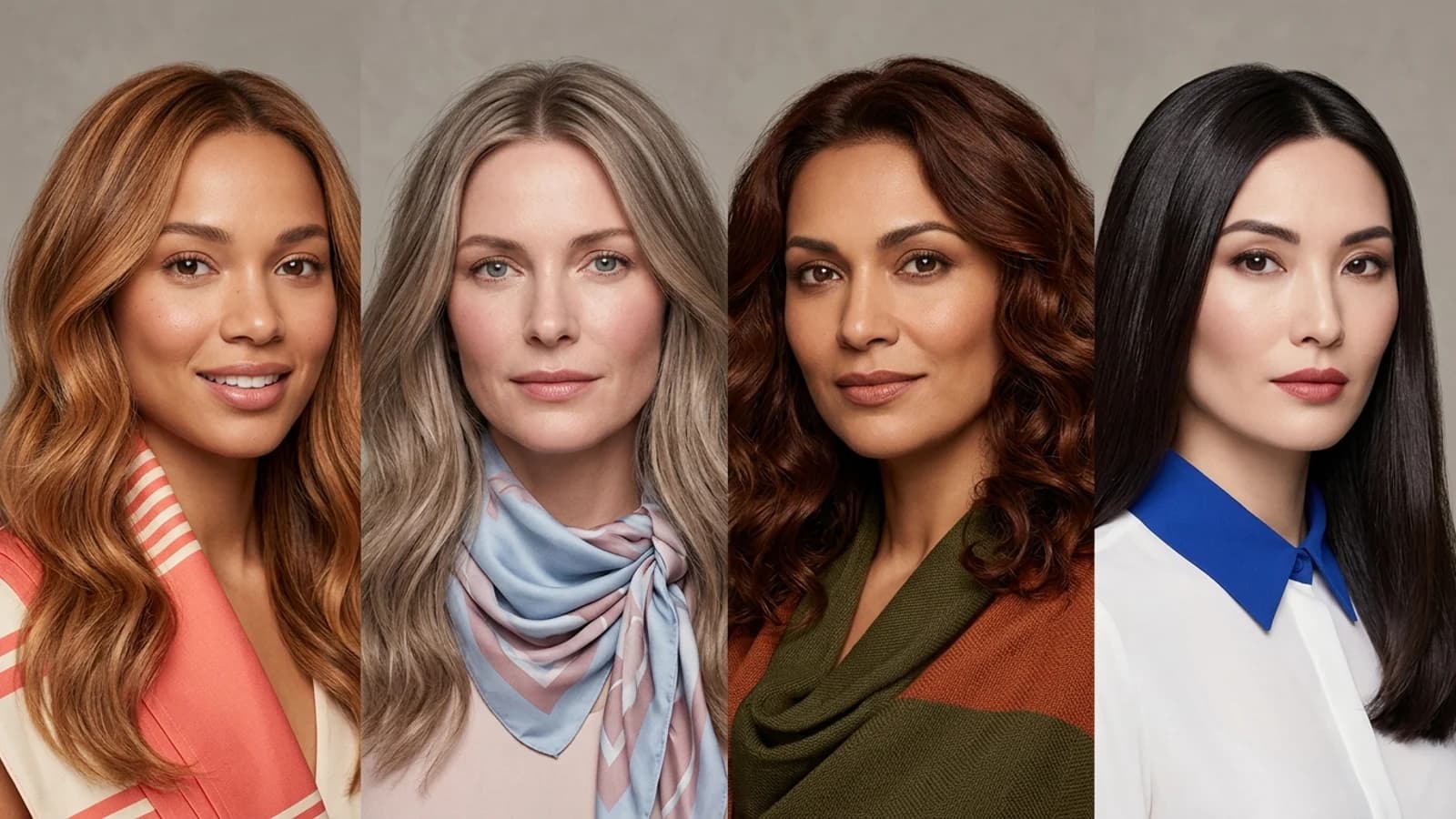 Four illustrated adult portraits showing Spring, Summer, Autumn, and Winter hair color directions with coordinating seasonal drapes.