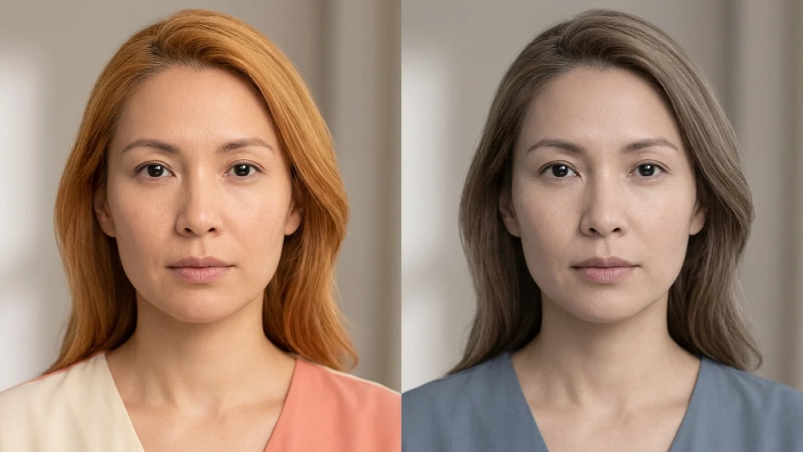Two illustrated portraits showing how warm copper hair and cool ash hair can make similar skin appear different by simultaneous contrast.