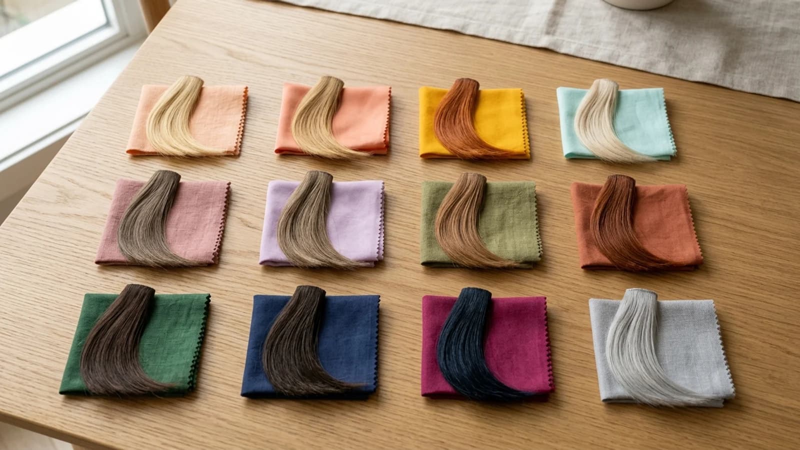 Illustrated matrix of twelve seasonal hair color swatches from golden blonde and copper to mushroom brown, auburn, espresso, blue-black, and platinum.