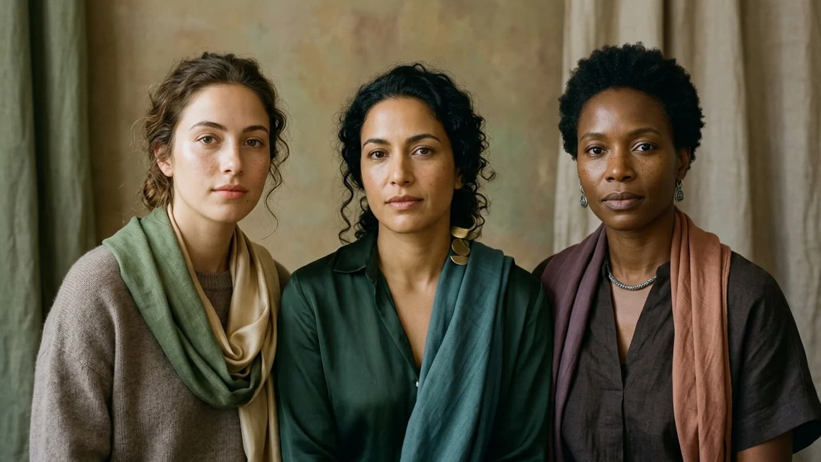 Three adult portraits with fair, medium, and deep olive undertones framed by muted olive, teal, taupe, plum, terracotta, champagne, brass, and softened silver colors.