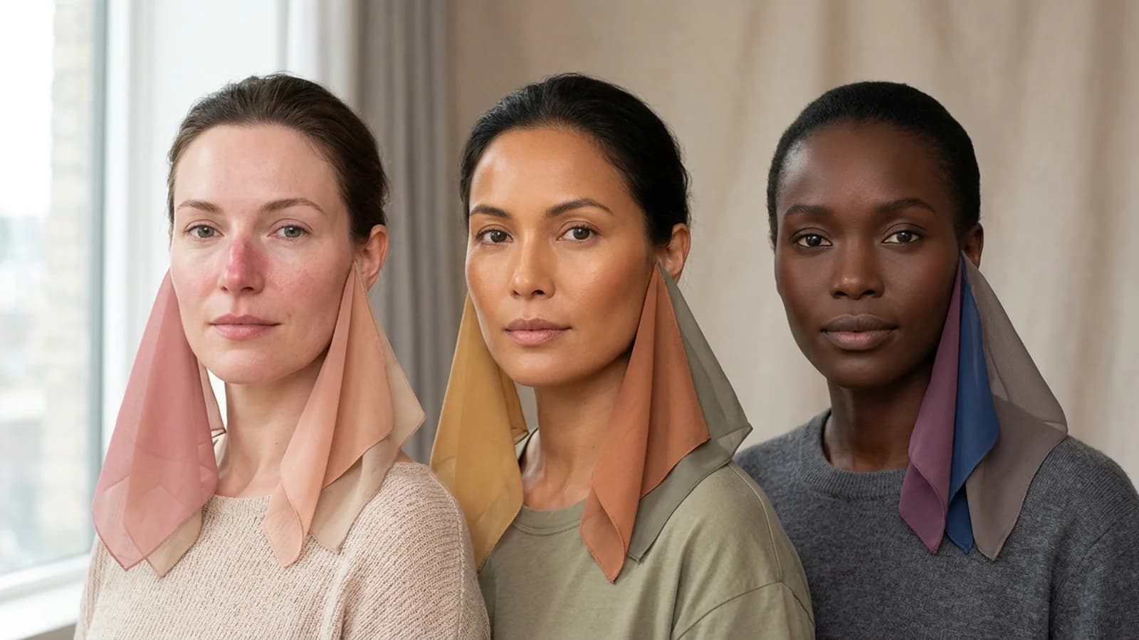 Three adult portraits in natural light showing different surface depths, undertones, and subtle overtones with translucent color fabric near the face.