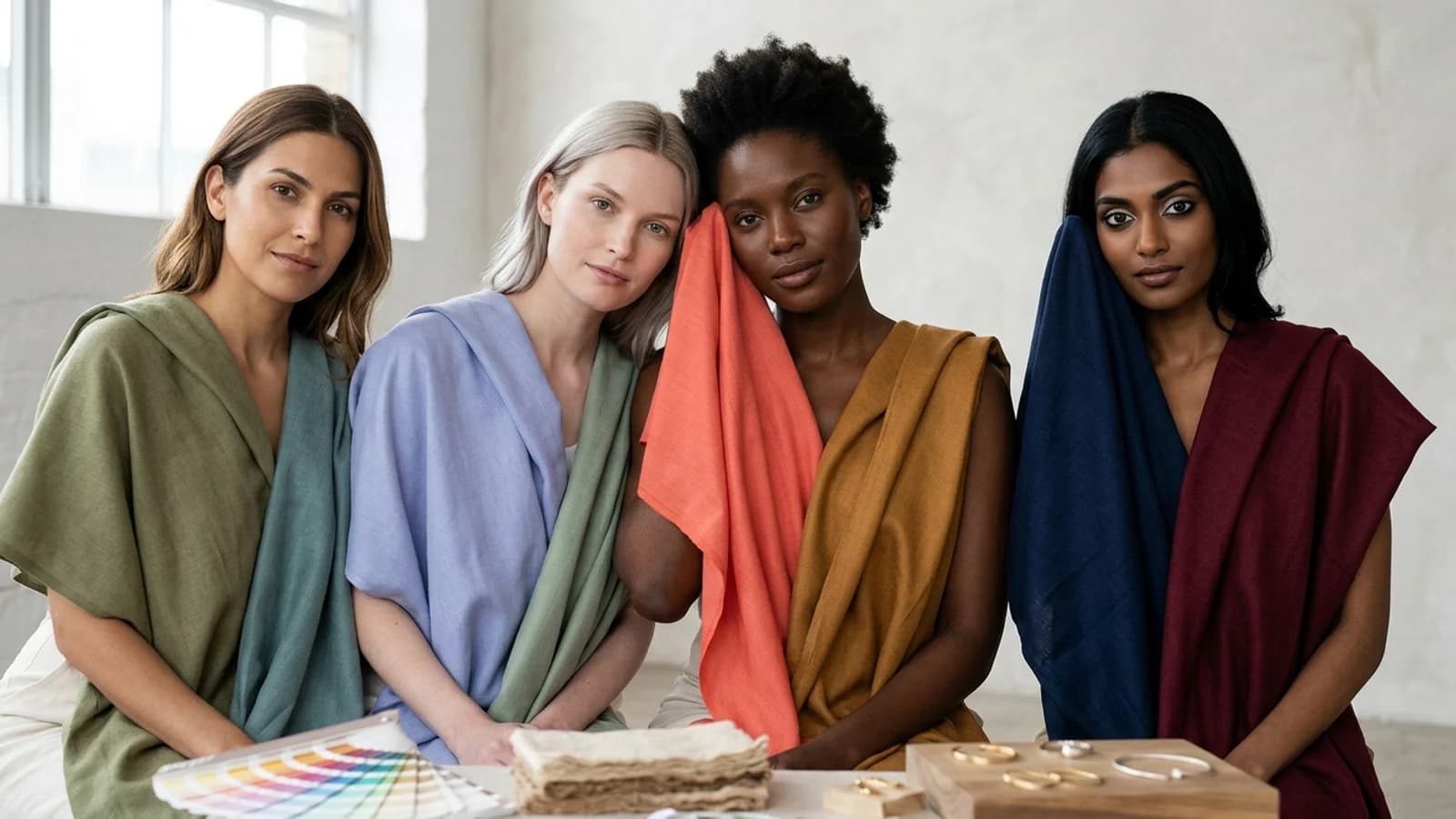 Four adult portraits with different undertones, value levels, contrast, and chroma shown with face-framing seasonal color drapes and swatches.