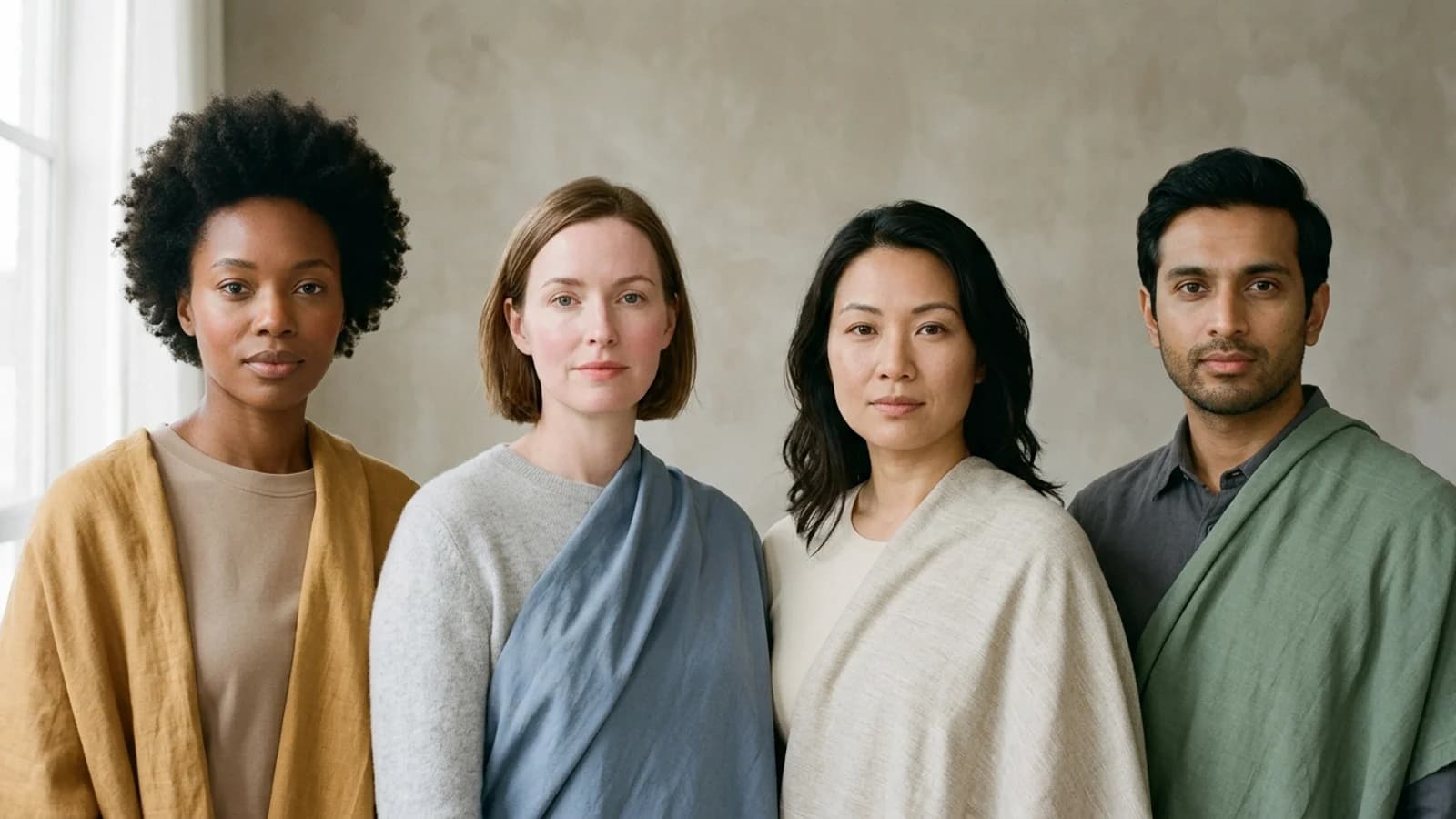 Four adult portraits representing warm, cool, neutral, and olive skin undertones across different surface depths.