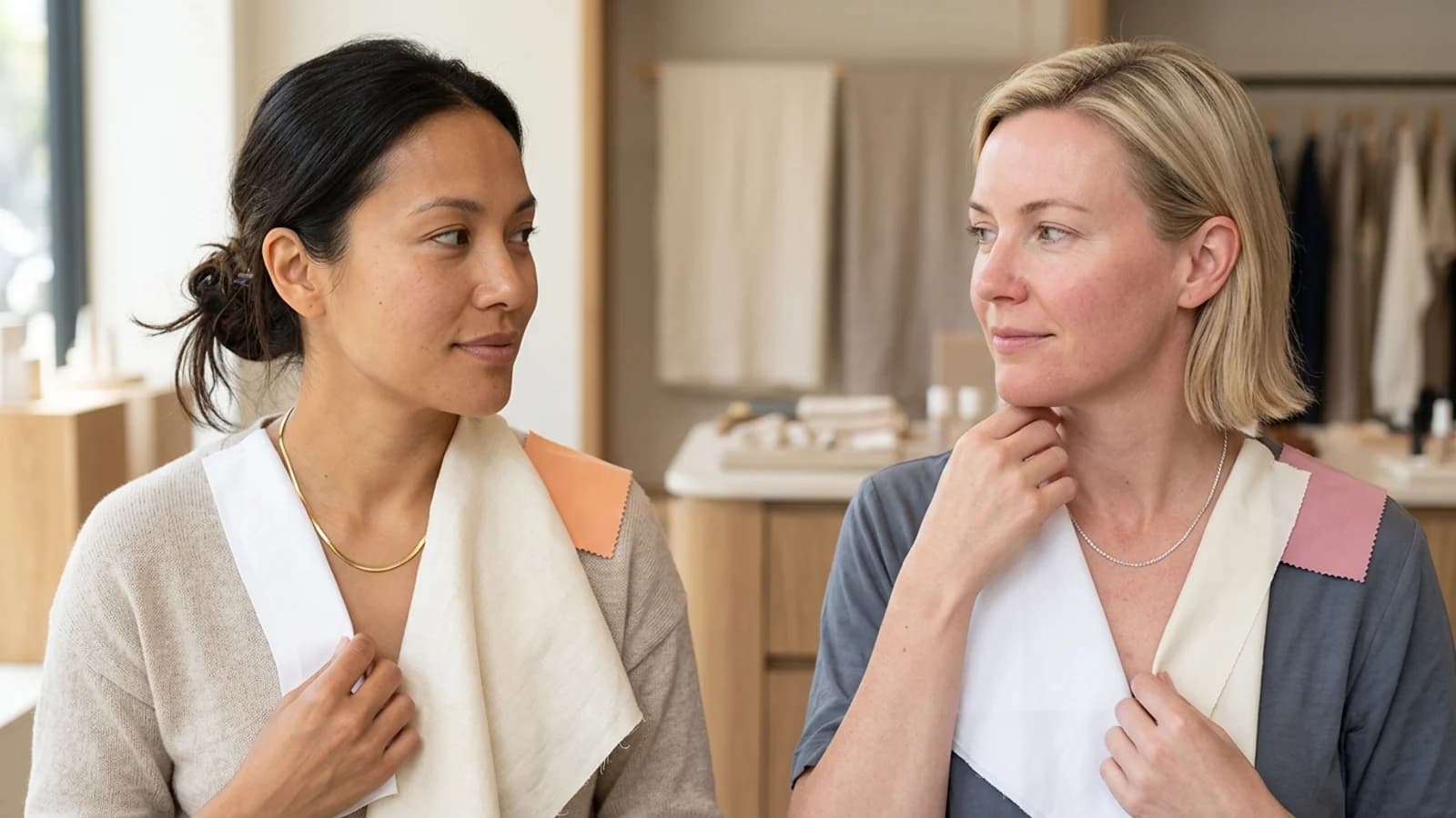 Two adult models comparing skin undertone test materials with white and cream fabric, silver and gold jewelry, and warm and cool draping colors near the face.