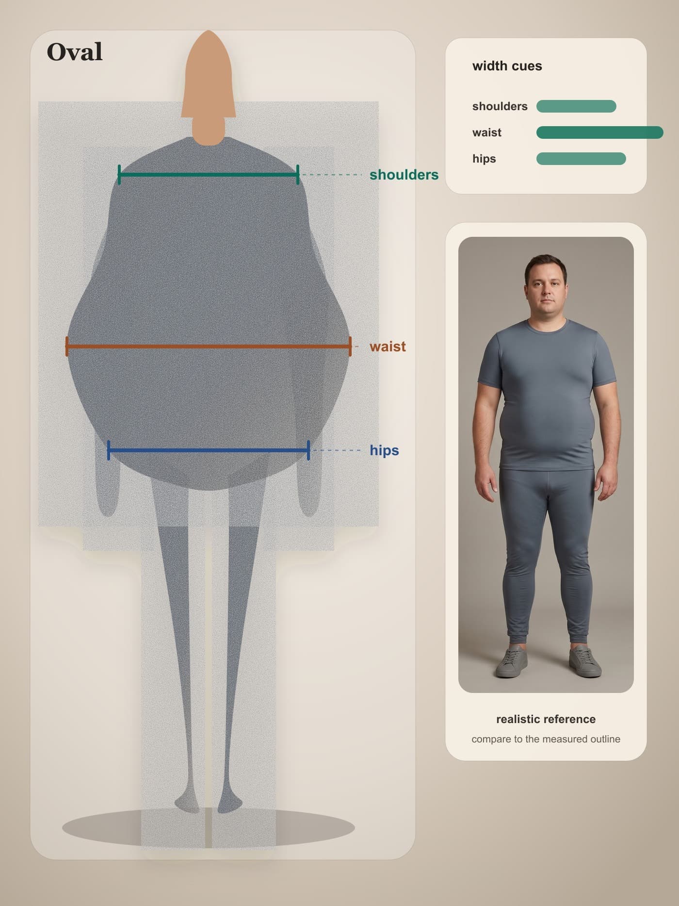 Adult man with oval body proportions shown front-facing in fitted neutral athletic clothing.