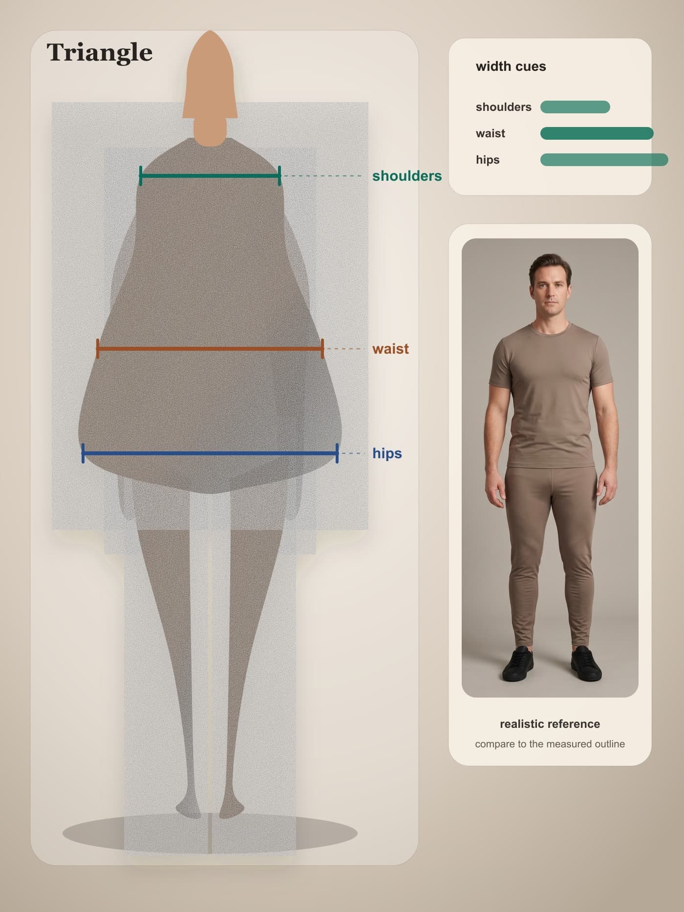 Adult man with triangle body proportions shown front-facing in fitted neutral athletic clothing.