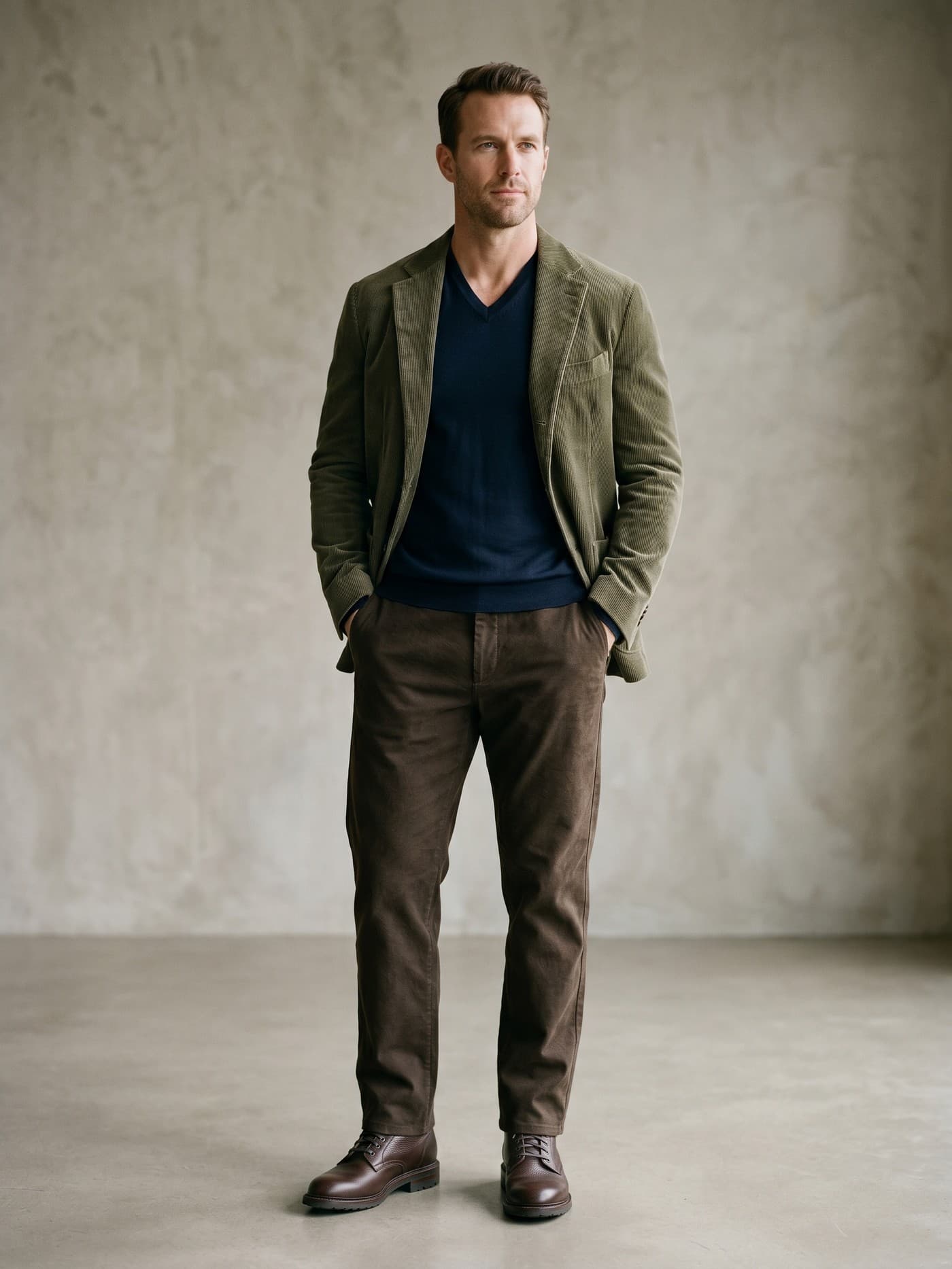 Adult man with inverted triangle body proportions wearing soft upper tailoring and visually grounded trousers.