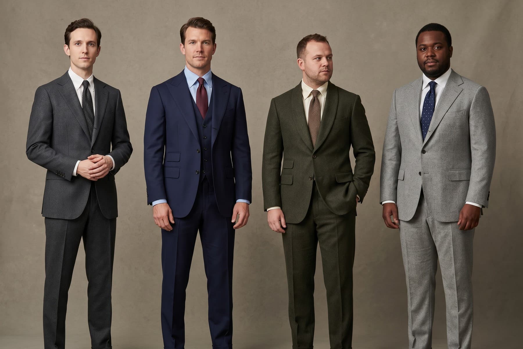 Menswear styling study showing lapel width, collar spread, pocket angle, and button stance as proportional tools.
