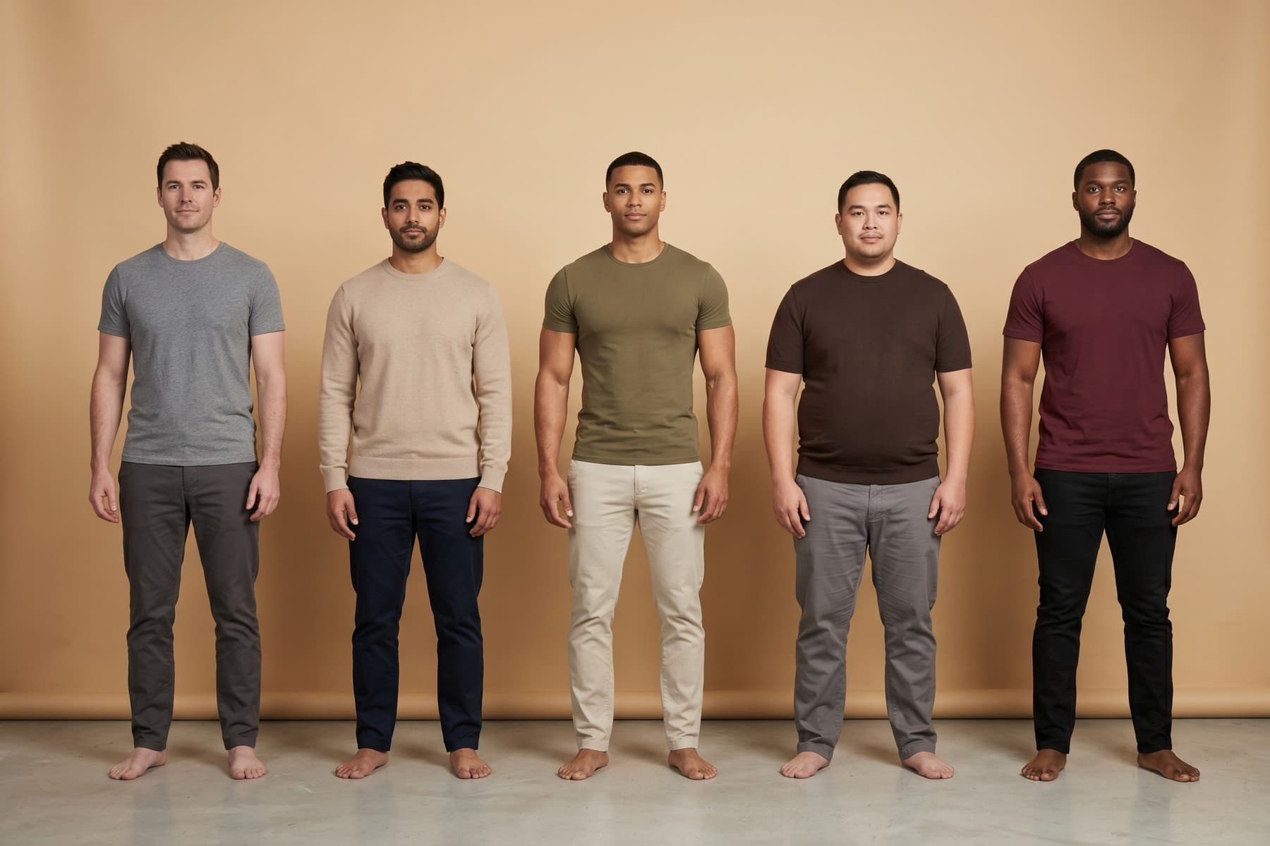 Five adult men with Rectangle, Triangle, Inverted Triangle, Oval, and Trapezoid body proportions in neutral studio styling.