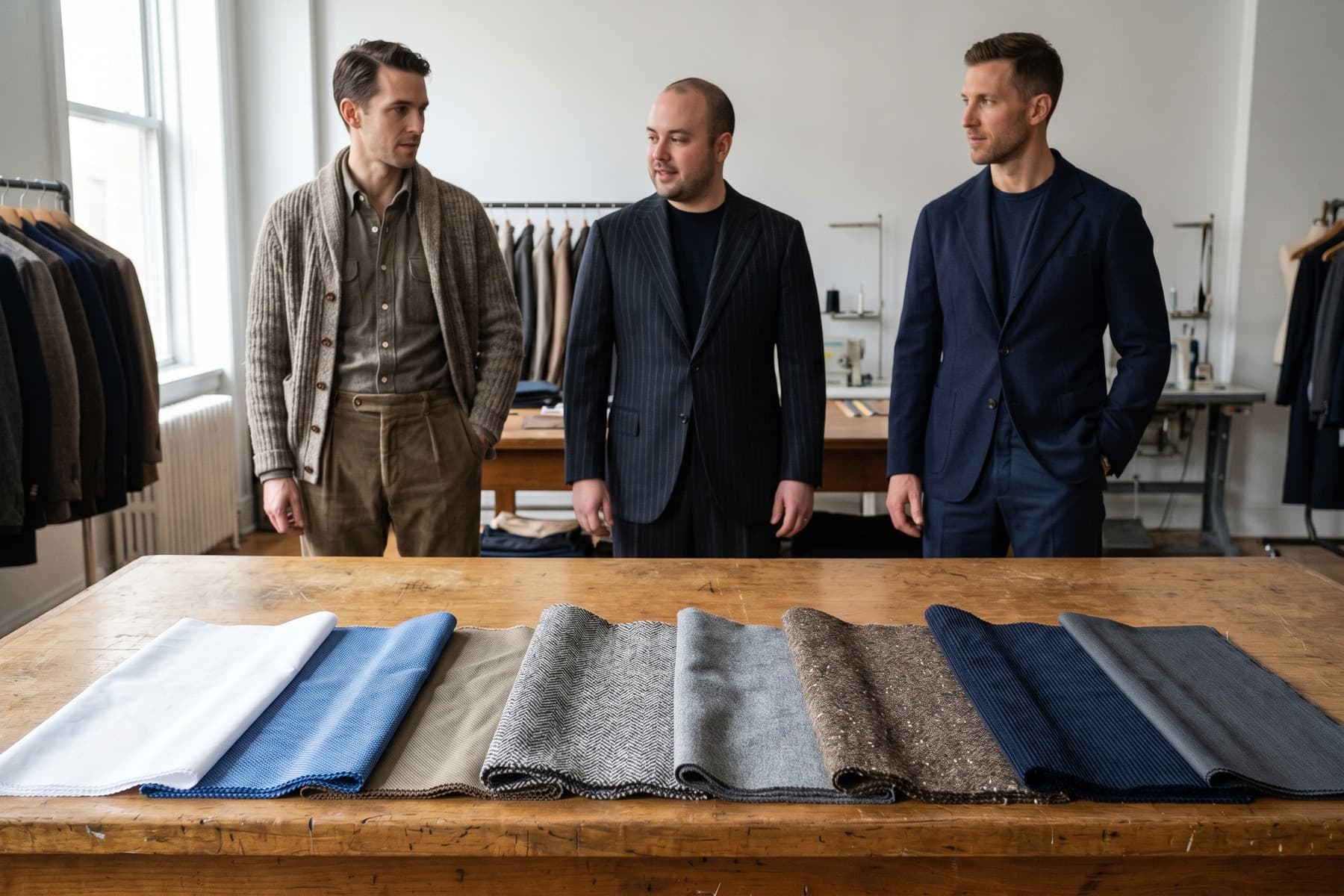 Menswear fabric study comparing smooth poplin, Oxford cloth, twill, herringbone, tweed, flannel, corduroy, and fine worsted.