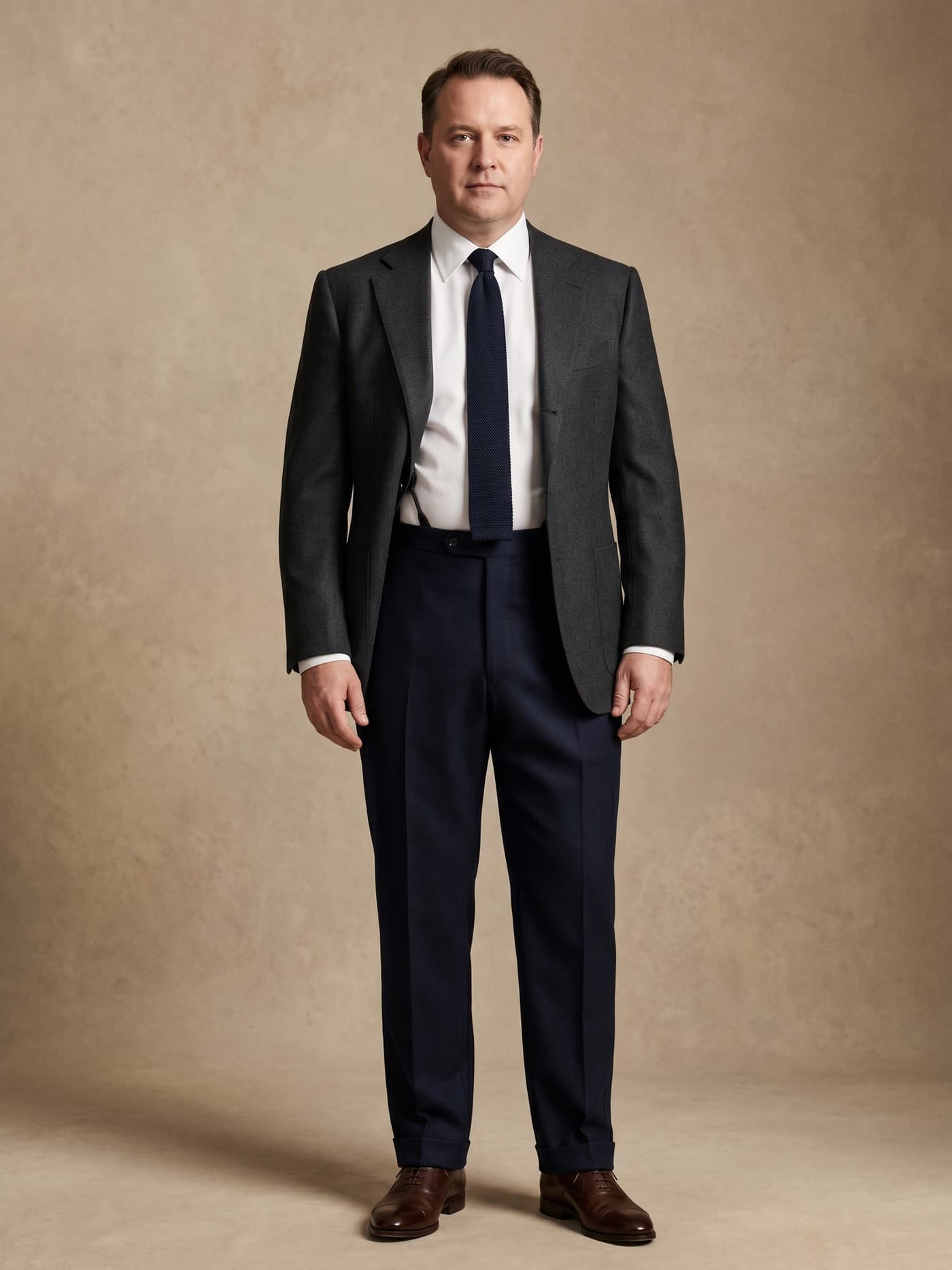 Adult man with oval body proportions styled with structured shoulders, vertical lines, and high-waisted trousers.