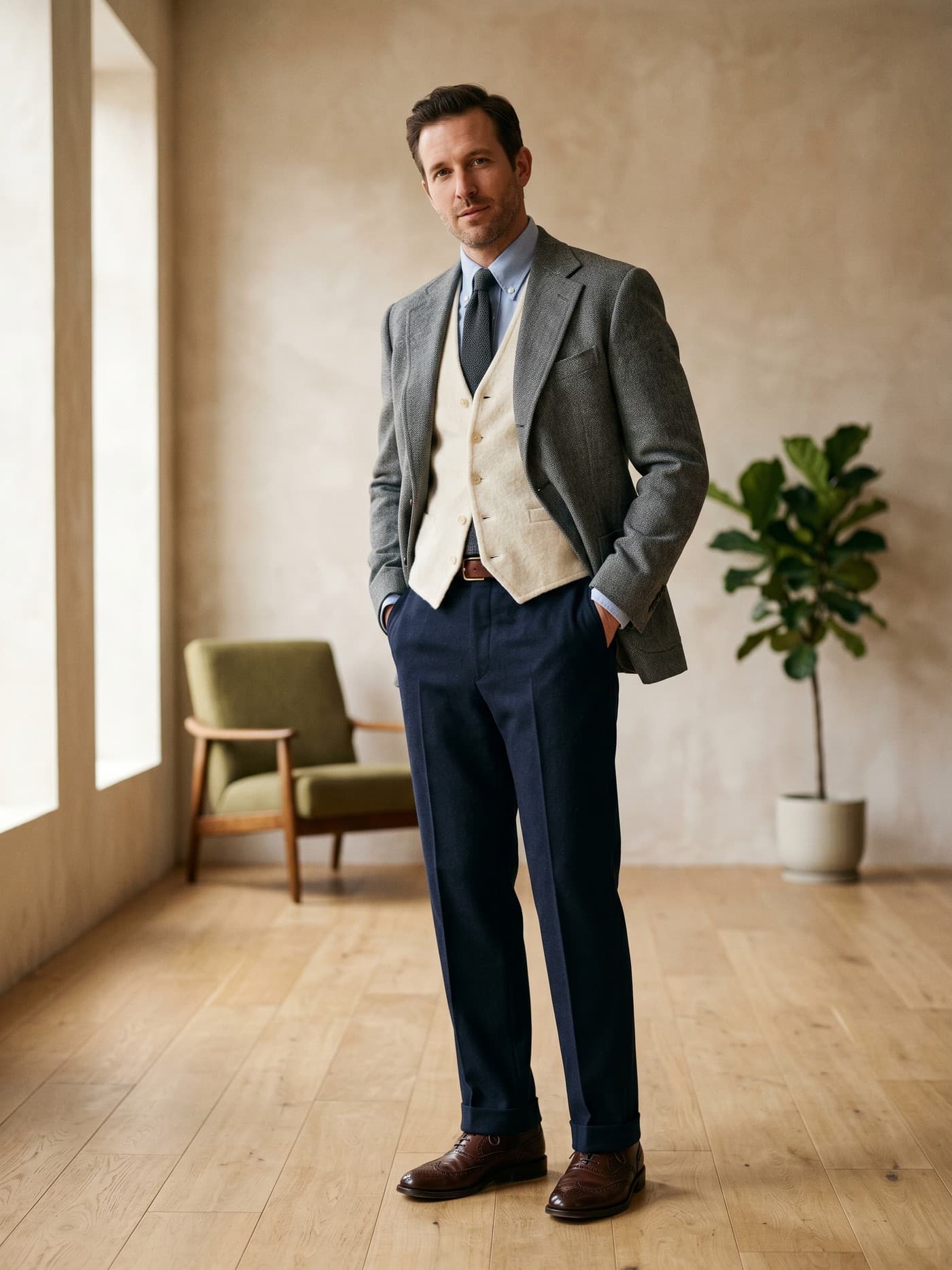 Adult man with rectangle body proportions wearing structured layers that broaden the shoulders and chest.