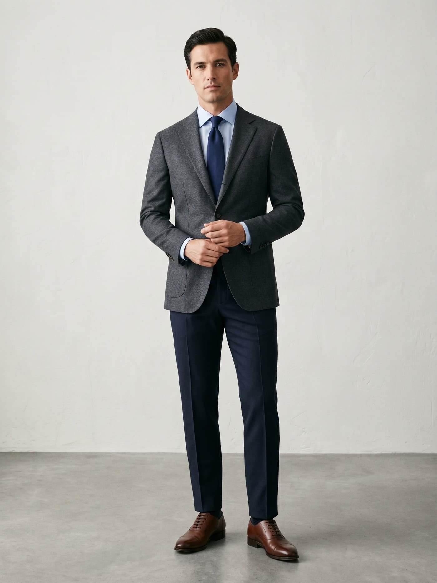 Adult man with trapezoid body proportions wearing clean, balanced tailoring that follows his natural taper.