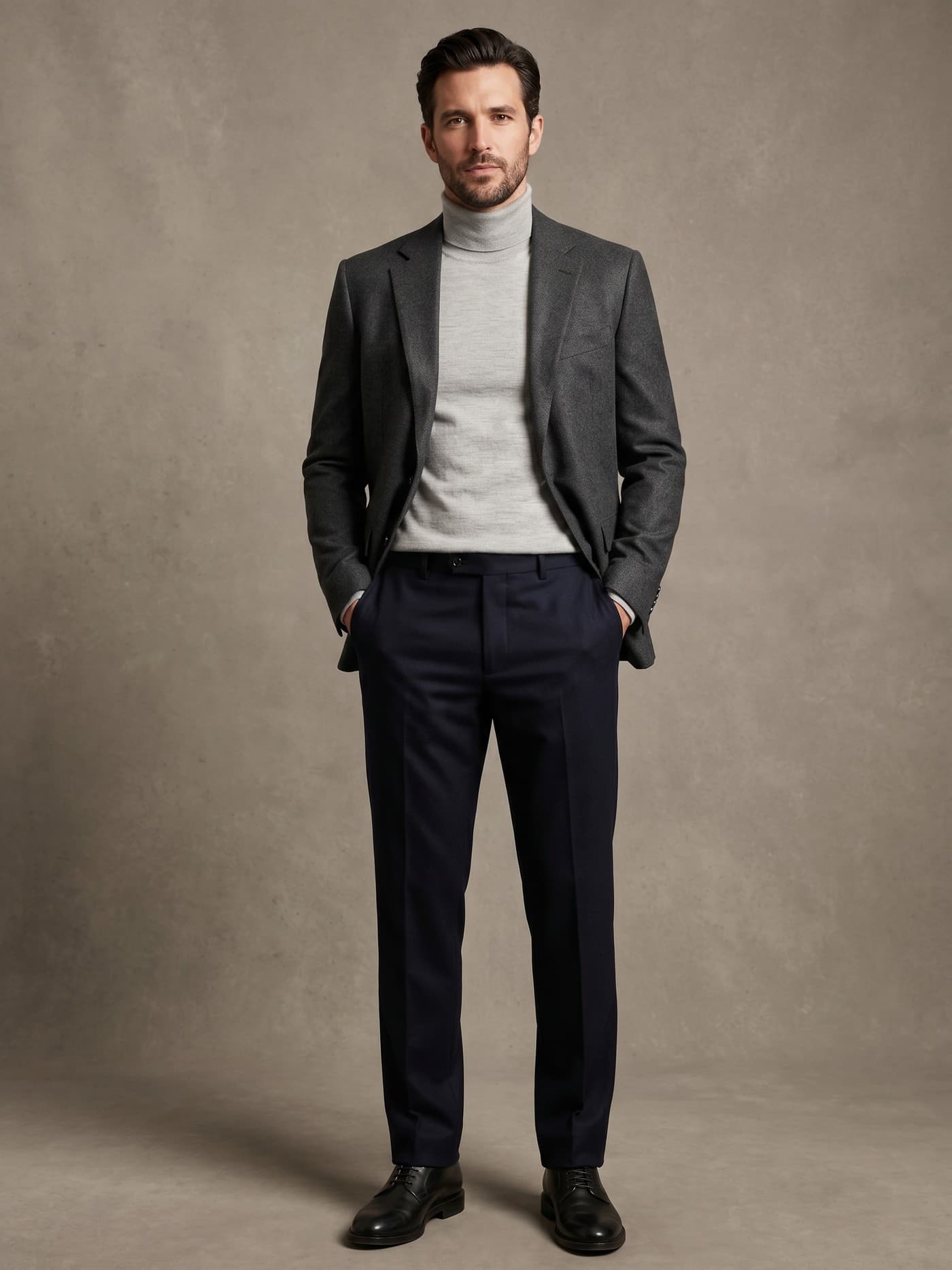 Adult man with triangle body proportions styled with stronger upper-body structure and cleaner lower-body lines.