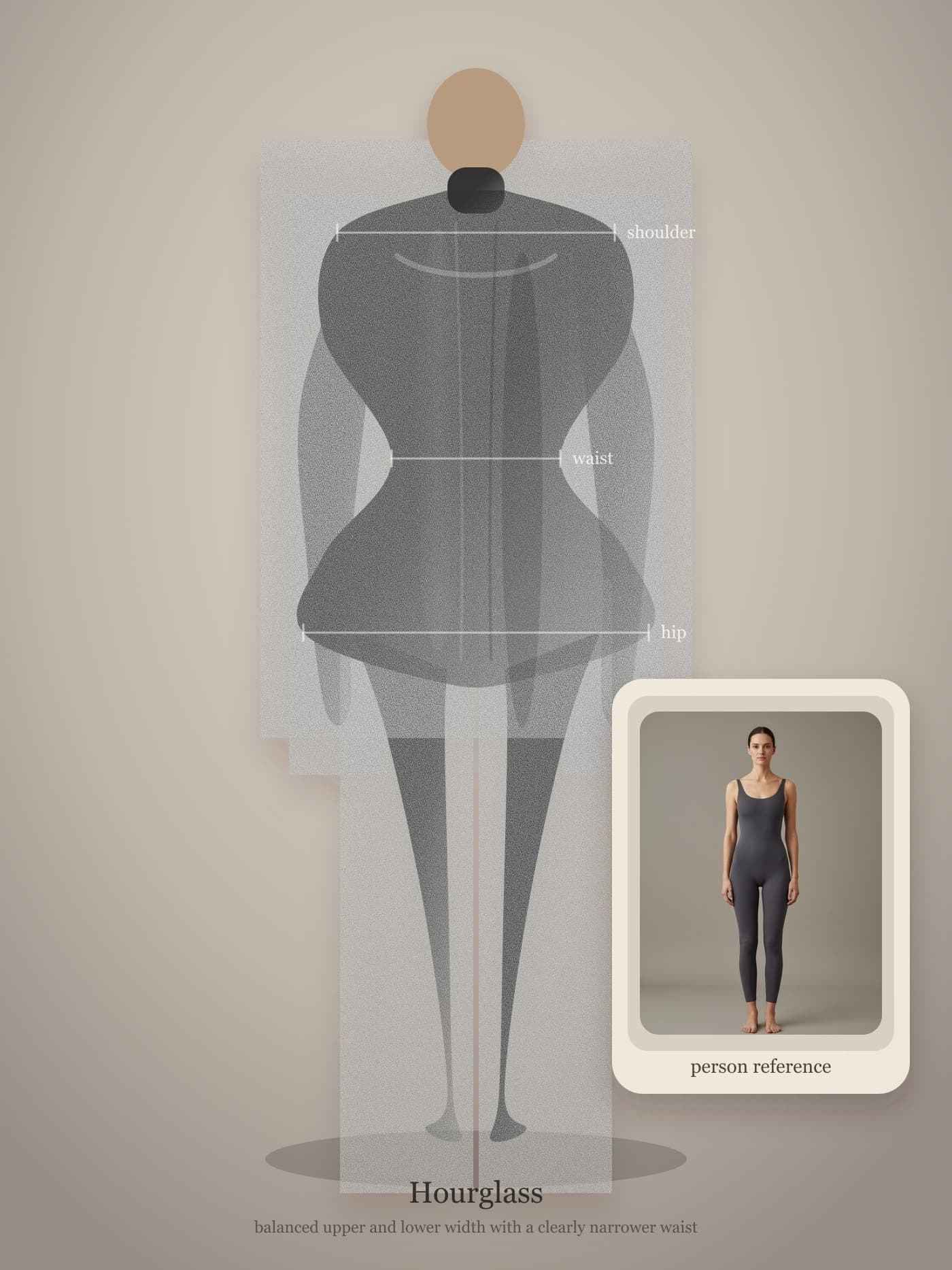 Front-facing hourglass body-shape architecture guide with a secondary person reference inset.