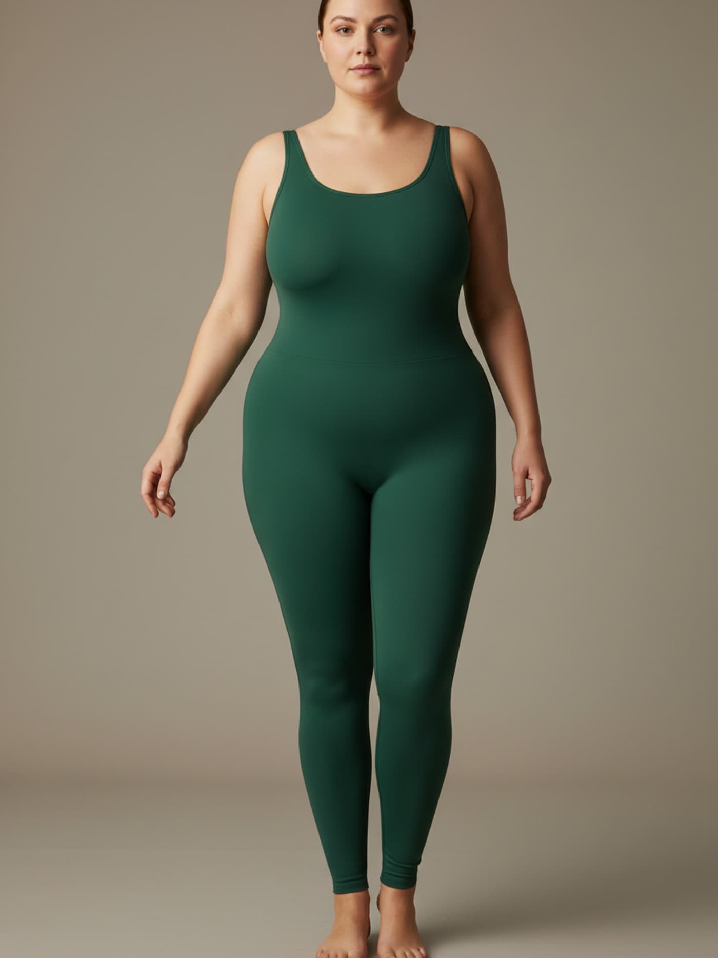 Adult woman with oval body proportions in fitted neutral clothing, shown front-facing for anatomical reference.