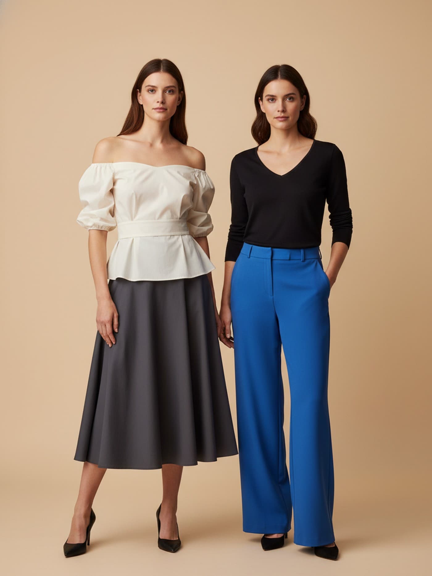 Two adult women styled with opposite proportion-balancing strategies for lower-body and upper-body visual weight.