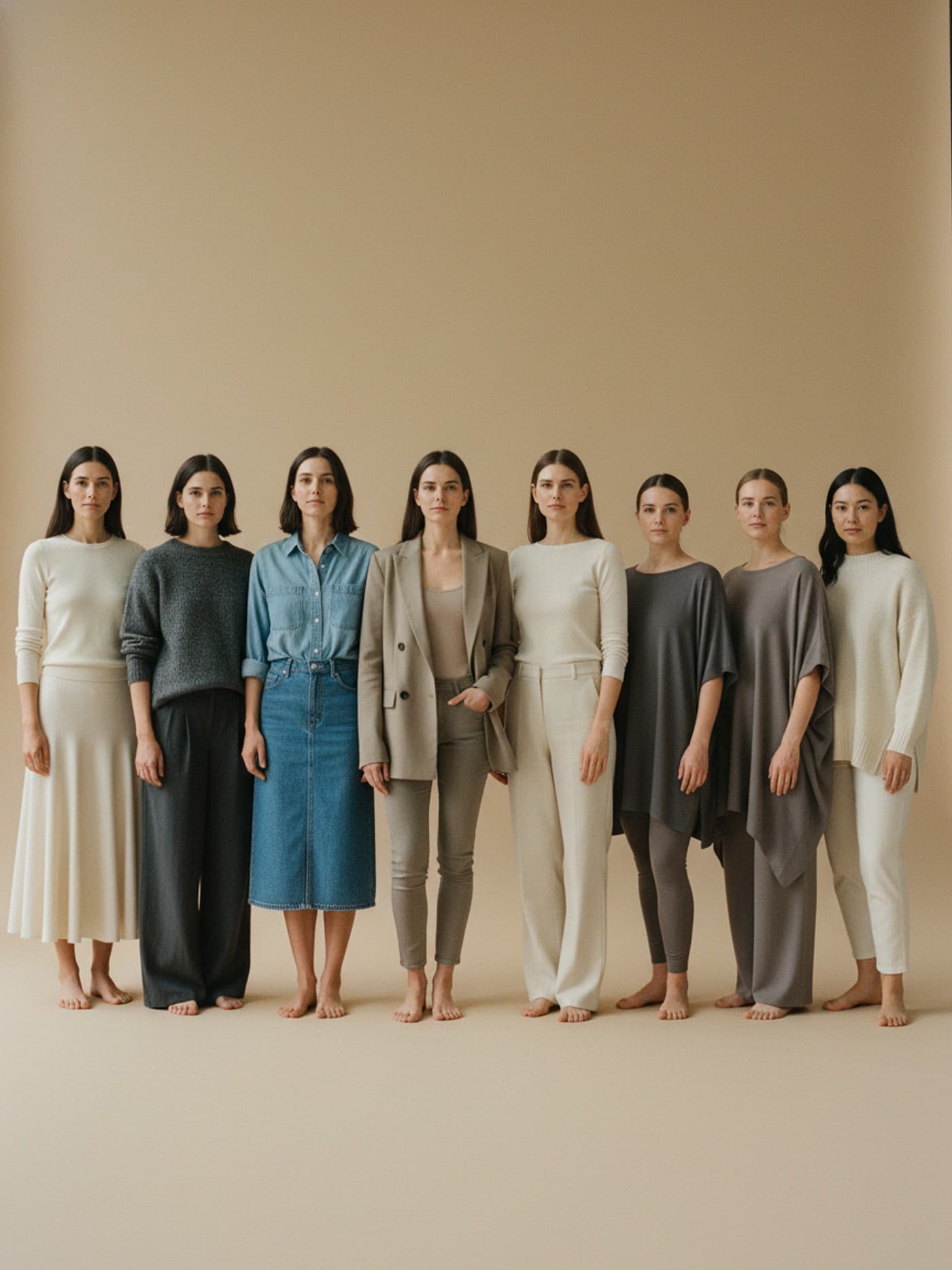Eight adult women with varied body proportions in neutral studio styling.