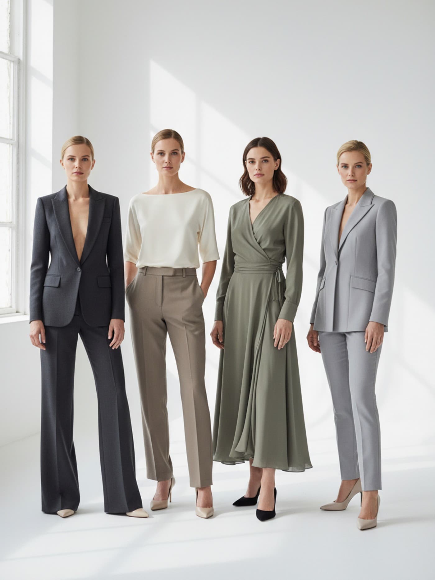 Four adult women wearing outfits that show vertical, horizontal, curved, and angular clothing lines.