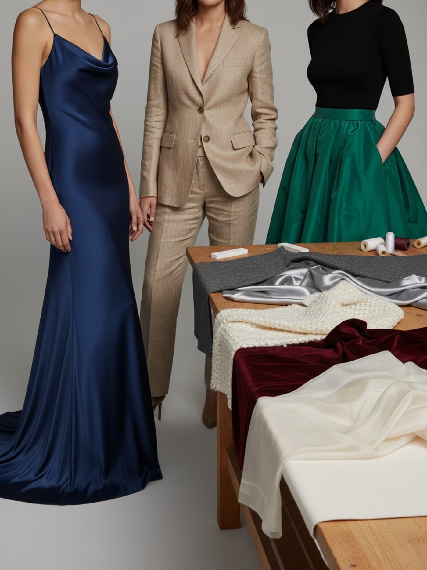 Studio styling scene comparing fluid, moderate, and structured fabric drape with textile swatches.