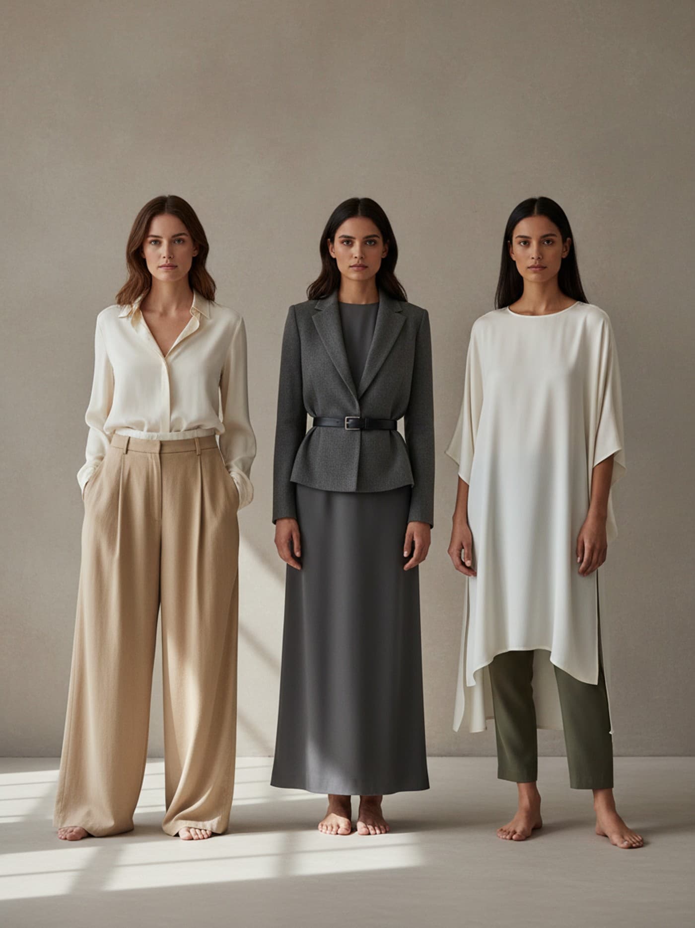Three adult women wearing outfits that demonstrate one-third to two-thirds visual proportion.