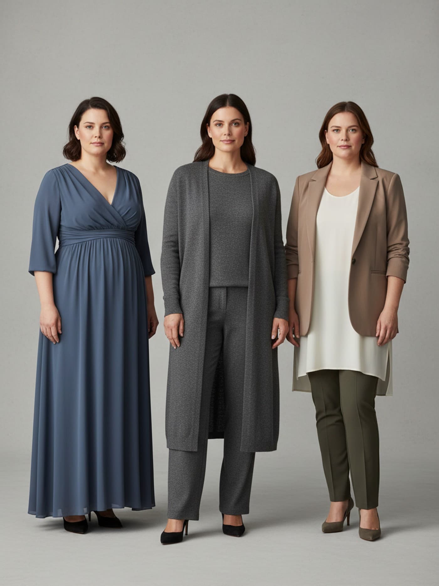 Three adult women wearing empire waist, monochromatic column, and open-blazer outfits for vertical midsection styling.